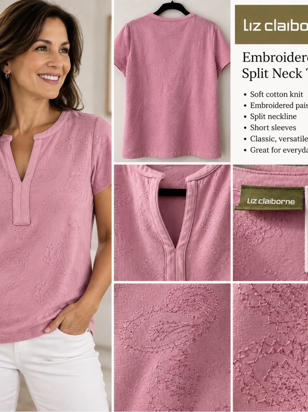 Liz Claiborne Dusty Pink Paisley Embroidered Short Sleeve Tee